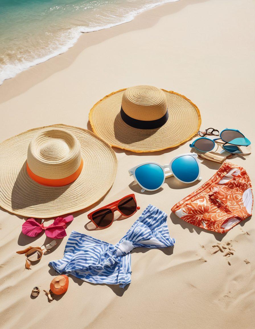 A stylish collection of swimwear displayed on a sunlit beach, featuring vibrant bikinis, elegant one-pieces, and trendy cover-ups. Add fun beach accessories like sunglasses, hats, and beach bags, all harmoniously arranged on soft white sand, with gentle waves in the background. Capture a sense of relaxation and fun in a cheerful, summer vibe. super-realistic. vibrant colors. sunny beach setting.